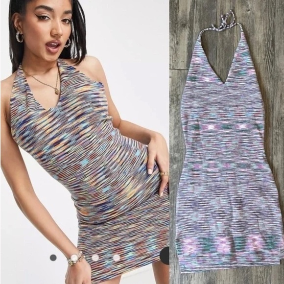 SNDYS X Revolve Sundays Knit Halter Mini Dress in Pink and Grey - Picture 1 of 7